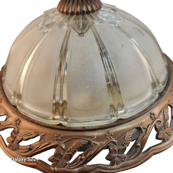 Vintage Ceiling Light Fixture Frosted Glass & Brass Dome With Floral Design 13 i - Picture 3 of 14
